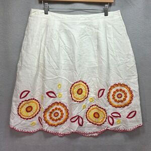Madison Studio White All Linen Embroidered Floral Scalloped Hem Skirt Sz 14 Wht